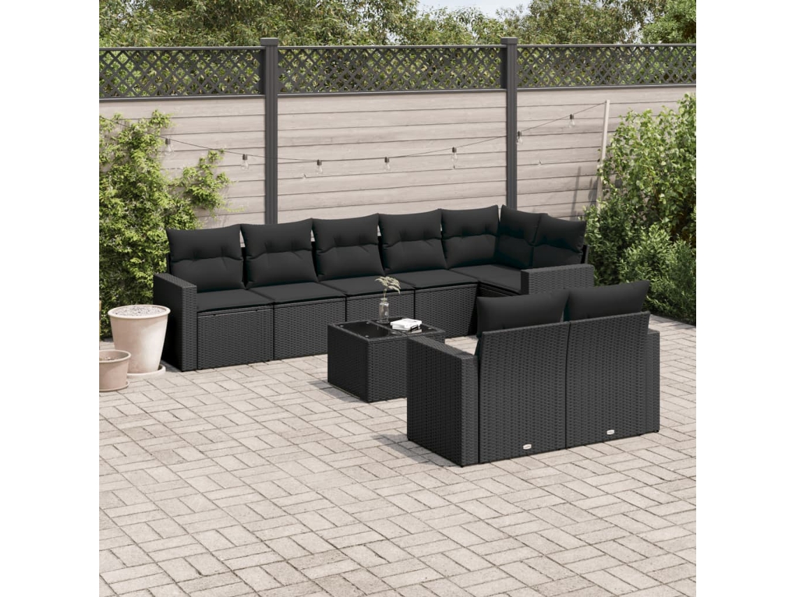 Conjunto de sofá de jardín de 9 piezas con cojines, ratán negro, Dkd Home Decor