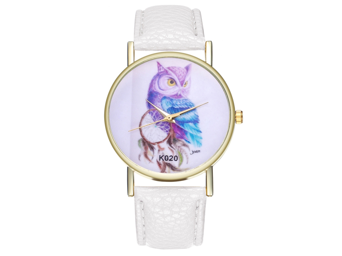 Reloj De Pulsera De Moda Para Mujer Con Estampado De Búho Y Bisel Redondo En Aleación De Metal Blanco.