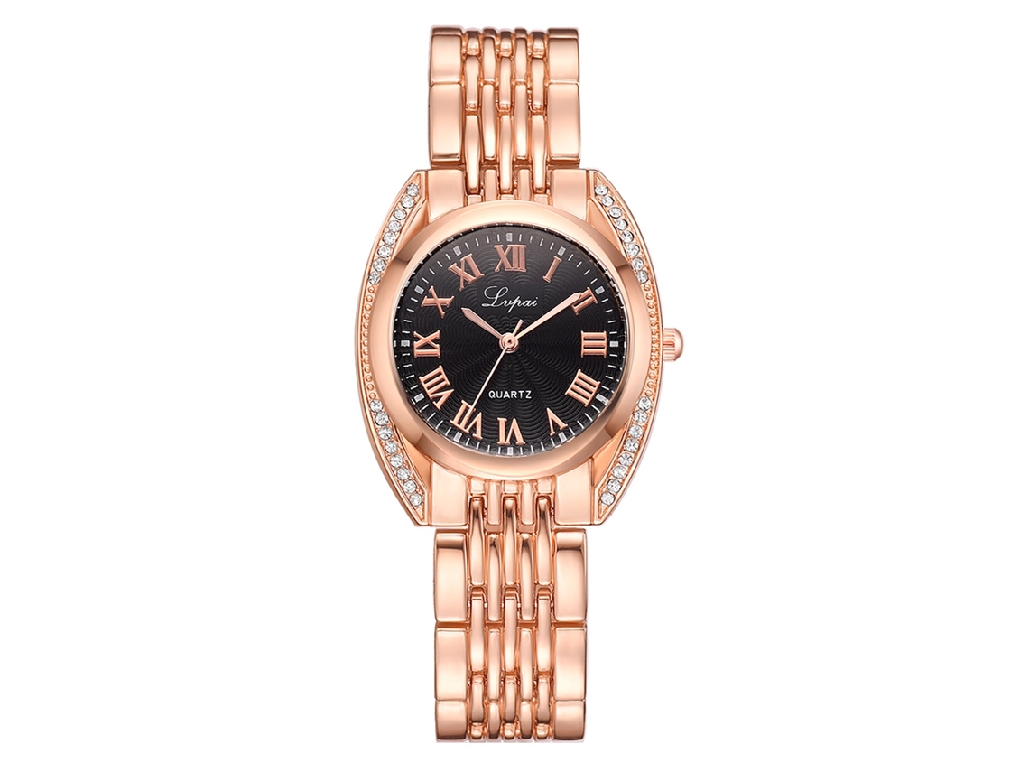 Reloj De Pulsera Lvpai Para Mujer Con Números Romanos, Movimiento De Cuarzo, Aleación En Oro Rosa Y Negro, Estilo Casual.