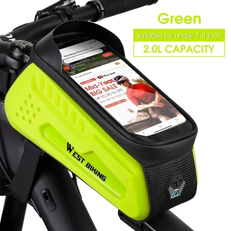 (verde) Bolsa De Bicicleta De Tpu Con Carcasa Rígida, Pantalla Táctil, Soporte Para Teléfono Y Barra Transversal Frontal Impermeable.