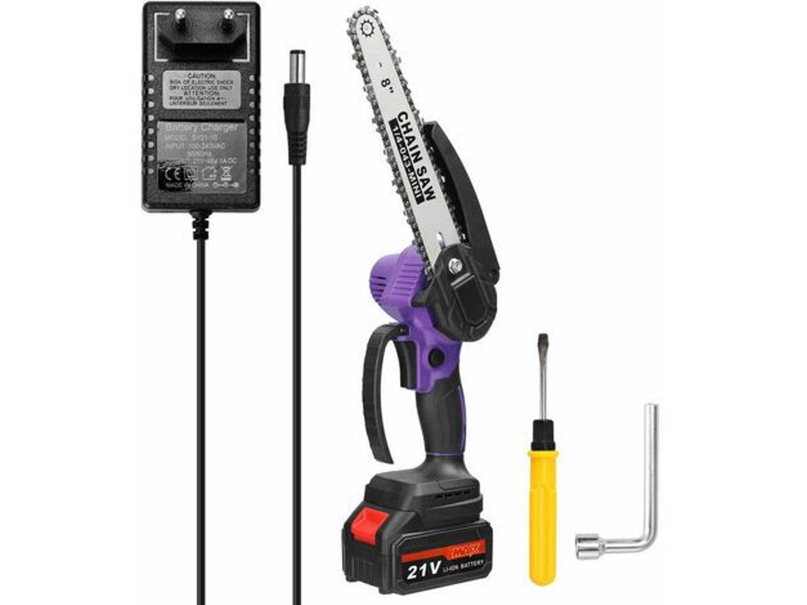 Motosierra eléctrica portátil de 21 V y 8 pulgadas, motor sin escobillas, herramienta de poda de una mano para jardín y huerto, modelo con una batería y un cargador.