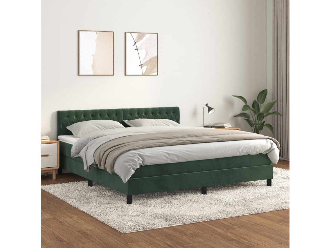 Cama Box Spring Con Colchón Terciopelo Verde Oscuro 180x200 Cm