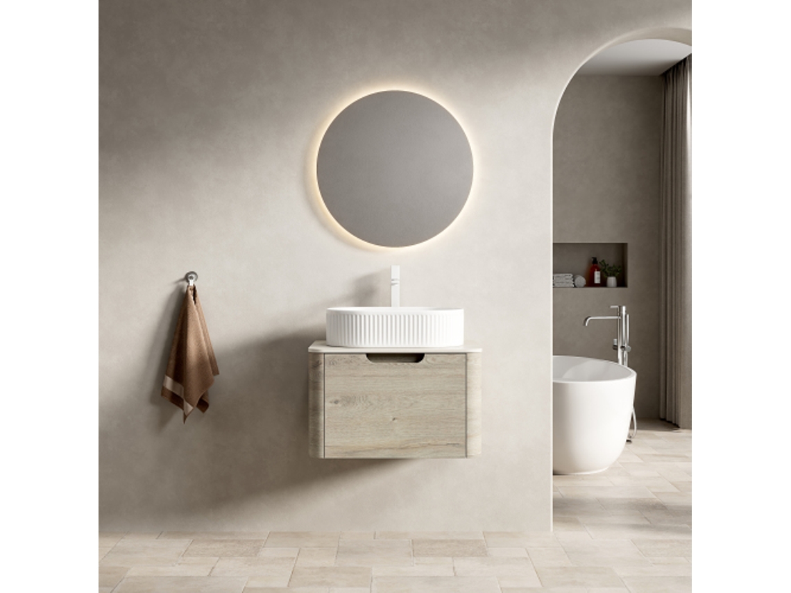 Mueble de baño suspendido de 60 cm con lavabo ovalado y cajón, color roble crema.