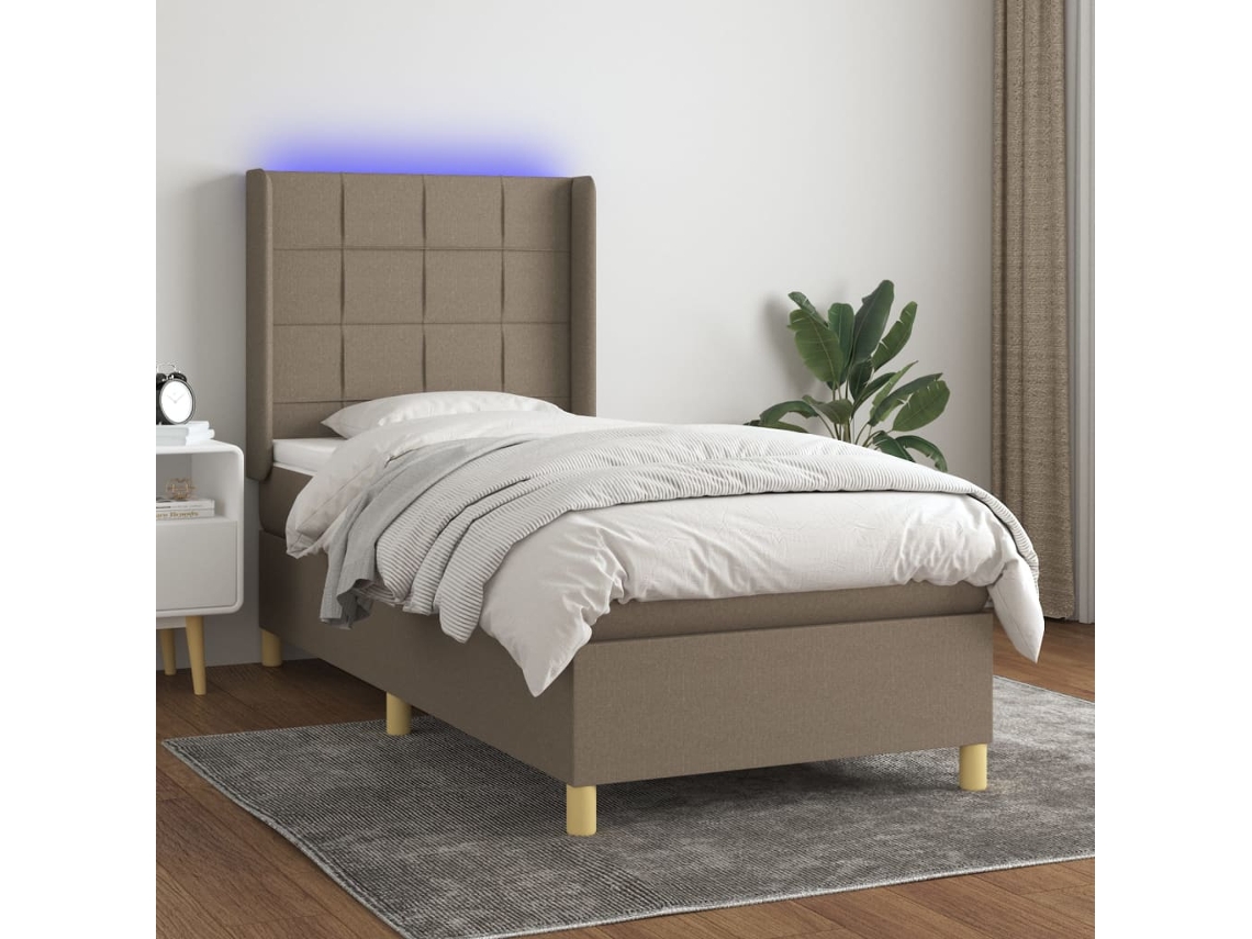 Cama Box Spring Colchón Y Luces Led Tela Gris Taupe 100x200 Cm