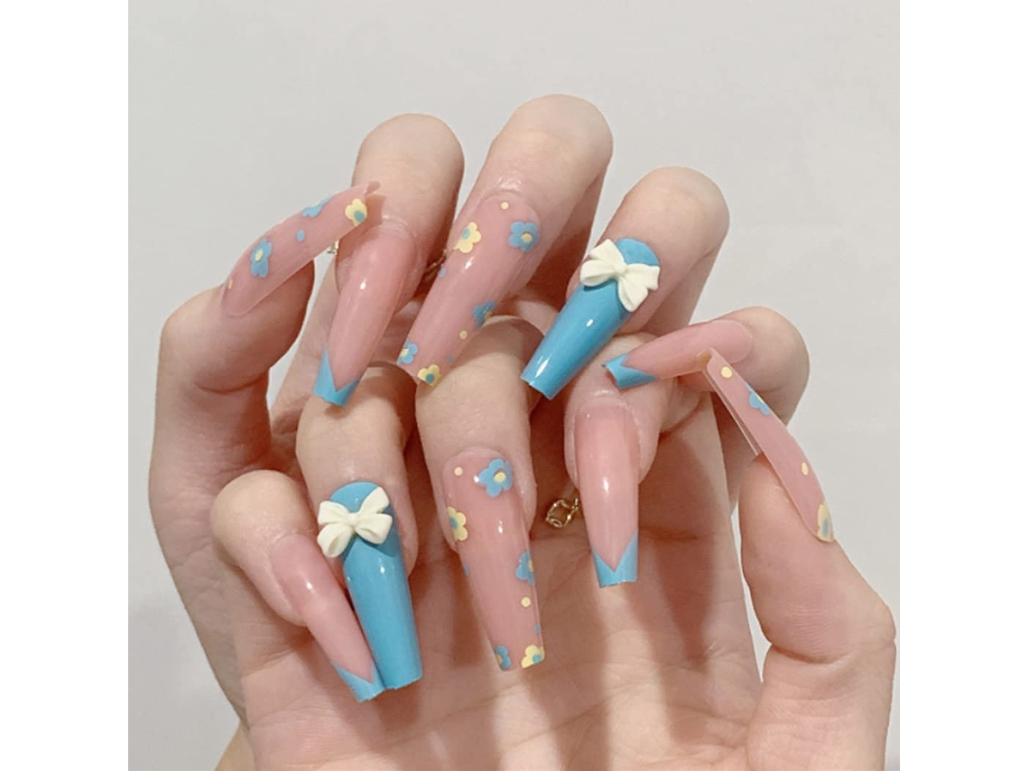 24 uñas postizas decoradas con lazo brillante, modelo bailarina, cobertura total
