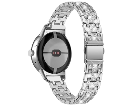 Correa de metal decoración de diamantes de imitación 5 cuentas hebilla de doble presión para Google Pixel Watch - plata