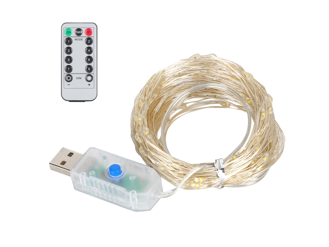 Rebe-lámpara De Cuerda 200led 20m Luz Blanca Cálida Interior Exterior 8 Modos Con Control Remoto Decorativa