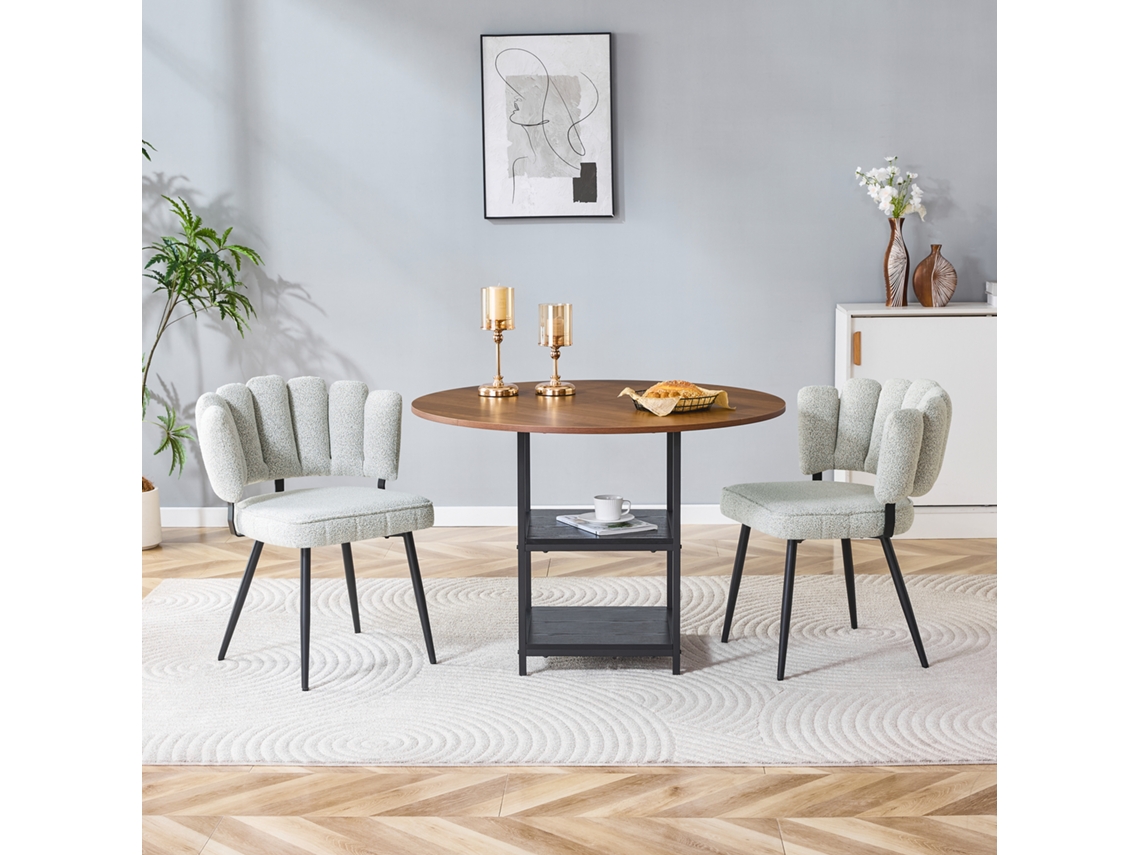 Conjunto De Mesa Y Sillas De Nogal (107 Cm, 2 Niveles) Con 2 Sillas Tapizadas En Tela Bouclé Floral Color Crema-gris.