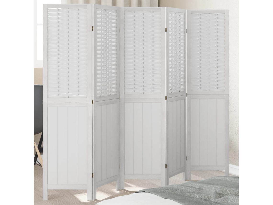 Biombo Separador De 5 Paneles Madera Maciza Paulownia Blanco