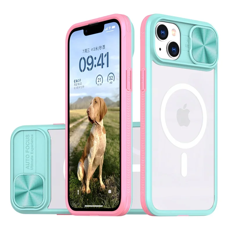(iphone 13, Azul Cielo) Funda Protectora Magnética Magsafe Con Carga Inalámbrica Y Cubierta Deslizante De Acrílico Para La Lente.