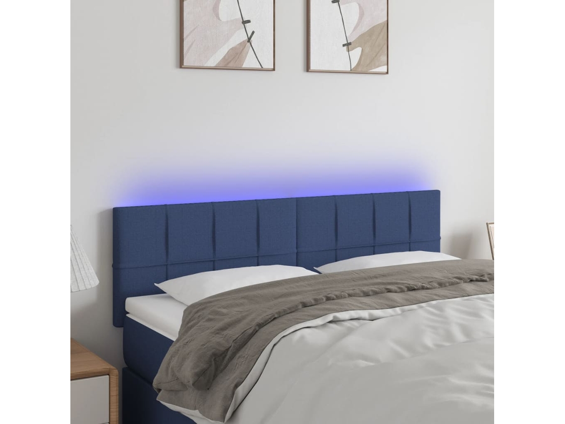Cabecero con luces LED, tela, 144x5x78/88 cm, azul