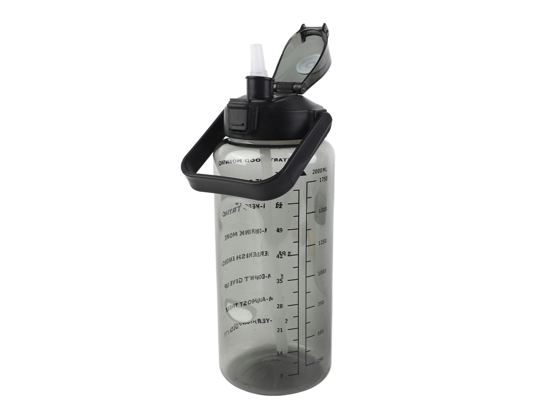 Botella De Agua Grande De 2000 Ml Con Pajita, Escala De Tiempo, A Prueba De Fugas Y Resistente A Altas Temperaturas Para Fitness - Negra