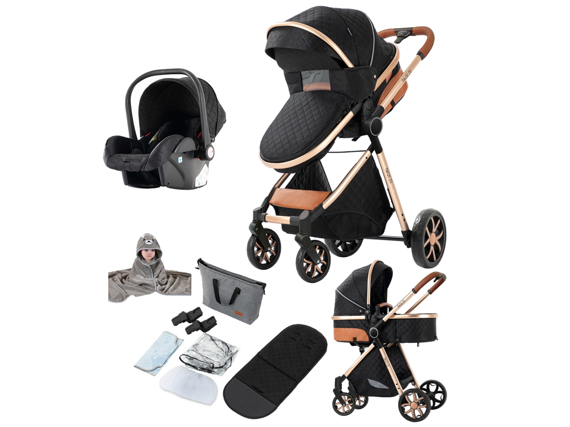 Cochecito plegable MAGIC ZC Yv9 negro y dorado con suspensión y cesta de almacenamiento.