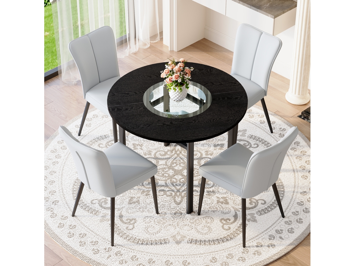 Mesa De Cristal De 85 Cm Con 4 Sillas, Tapizada En Pu Negro Y Plateado.