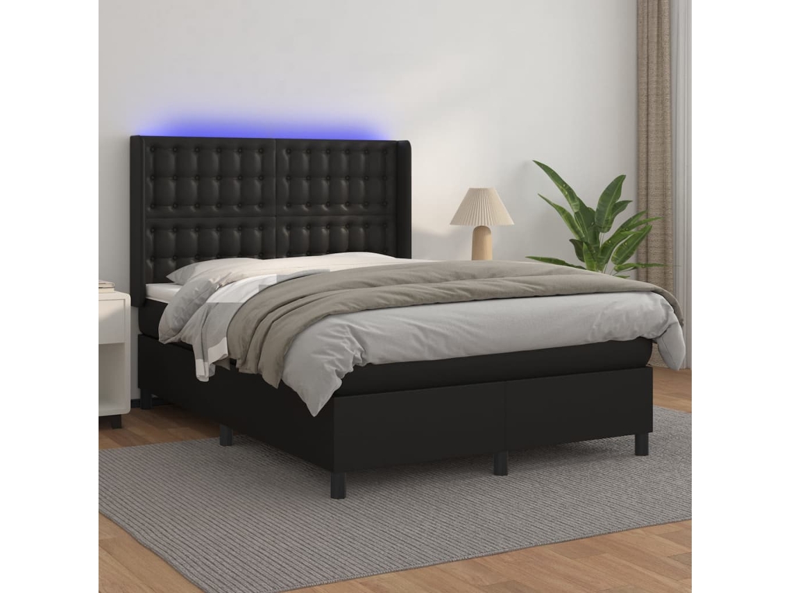 Cama box spring colchón y LED cuero sintético negro 140x200 cm