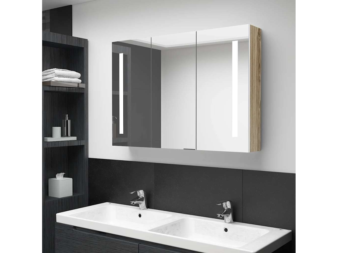 Armario De Baño Con Espejo Led Blanco Y Roble 89x14x62 Cm
