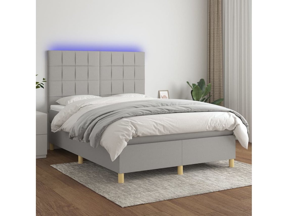 Cama Box Spring Colchón Y Luces Led Tela Gris Claro 140x190 Cm