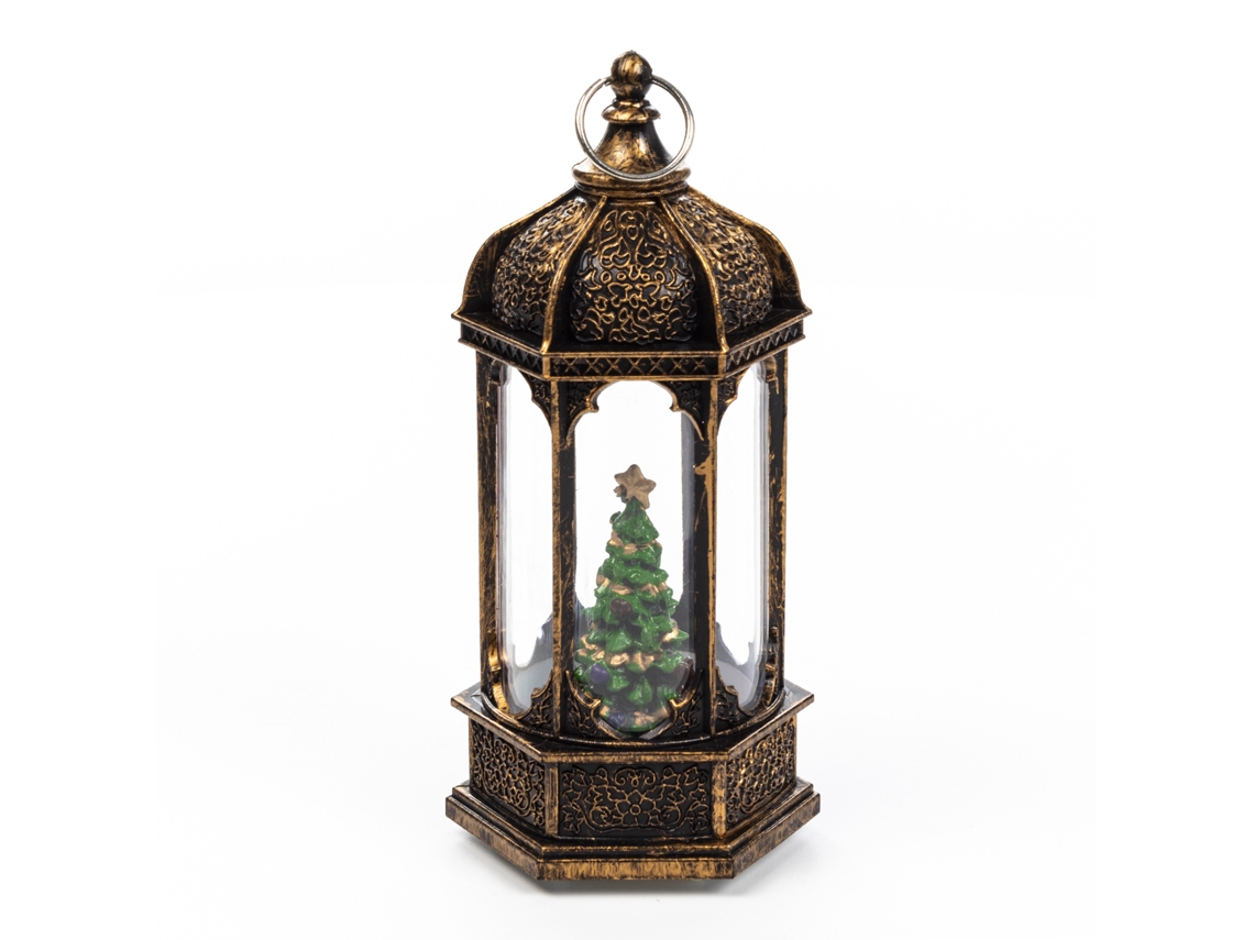 Farol navideño con luz y efecto de nieve. 14 cm. Diseño de árbol de Navidad.