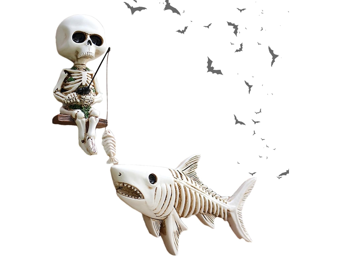Esqueleto De Pesca Halloween Estatua Calavera Tibur N Resina Figura G Tica Escritorio Adorno Para Mesitas Noche Exterior