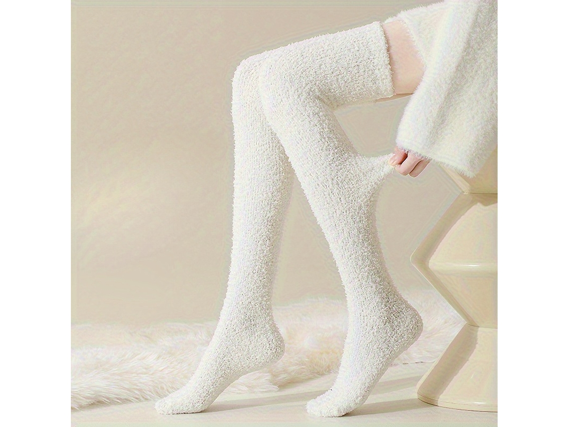 Calcetines Por Encima De La Rodilla, Cálidos Calcetines De Lana Coral Hasta La Rodilla, Suaves Calcetines De Invierno (blancos) Cuich