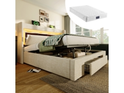 Cama Tapizada 140x200 Cm Con Colchón, Almacenamiento Hidráulico, Led, Usb Y Usb-c, Cabecero Con Espacio, Beige.