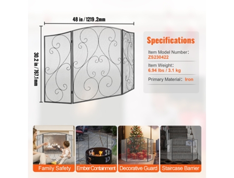 Pantalla para chimenea, 3 paneles, malla de hierro resistente, pantalla para chimenea, 122 L x 76,7 H cm, cubierta protectora contra chispas, sin m...