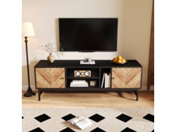Mueble de TV de 150 cm, diseño en negro y madera, almacenaje versátil con estantes y armarios, negro y madera, Mobrio