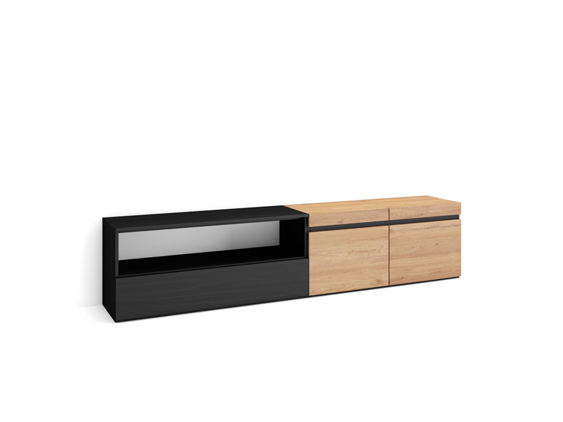 Mueble TV Televisión 200x45x35cm Para TV hasta 80 Con almacenamiento Roble y negro