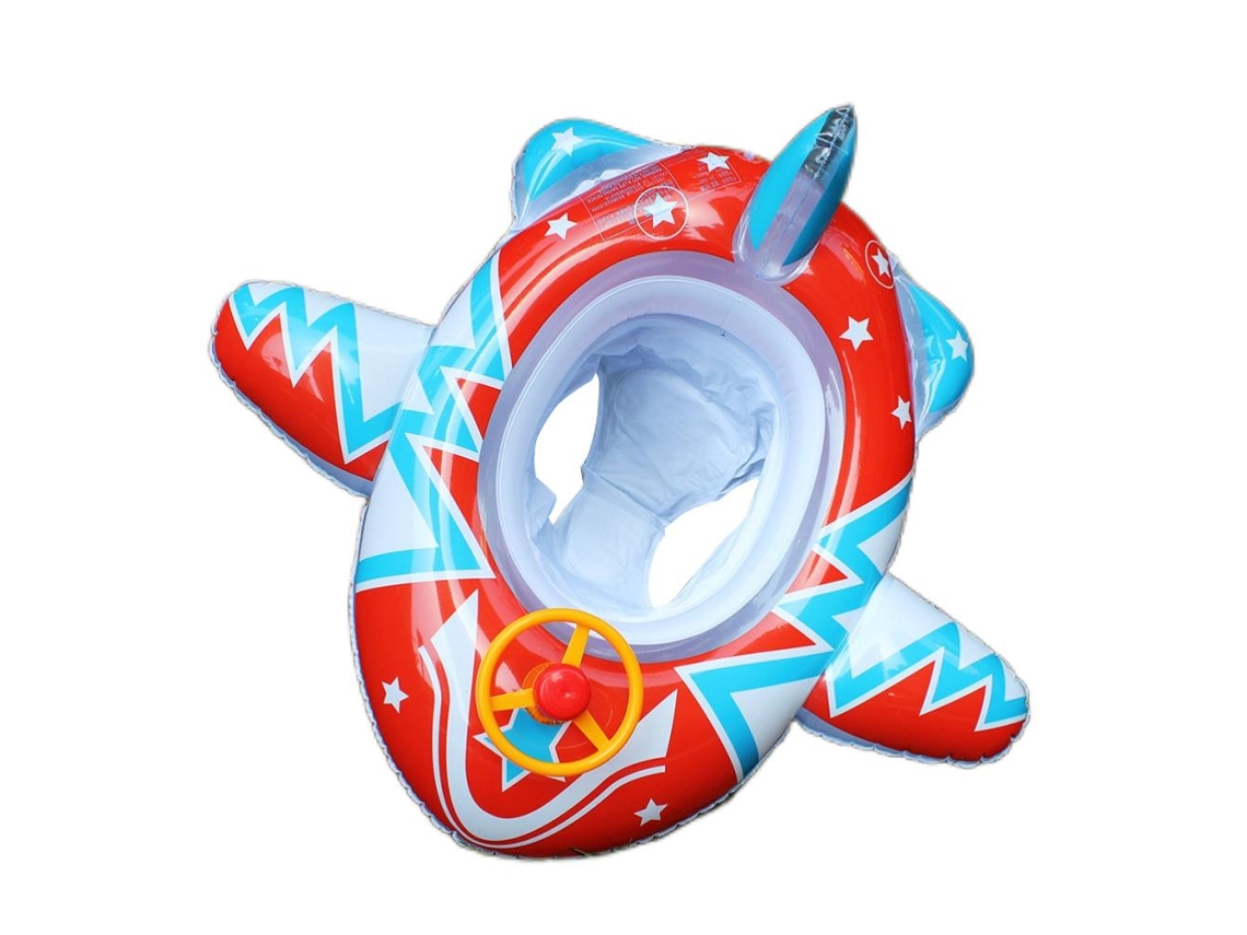 Flotador inflable con forma de avión y asiento de seguridad para bebés en la piscina.