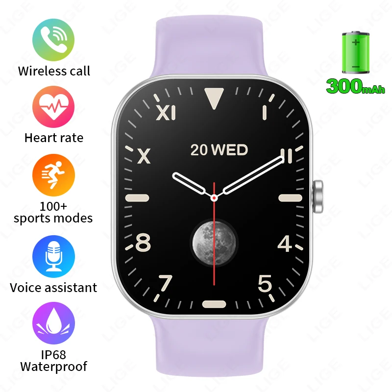 Reloj inteligente (morado), 2,01 pulgadas, llamadas Bluetooth, asistente de voz, monitorización de frecuencia cardíaca.
