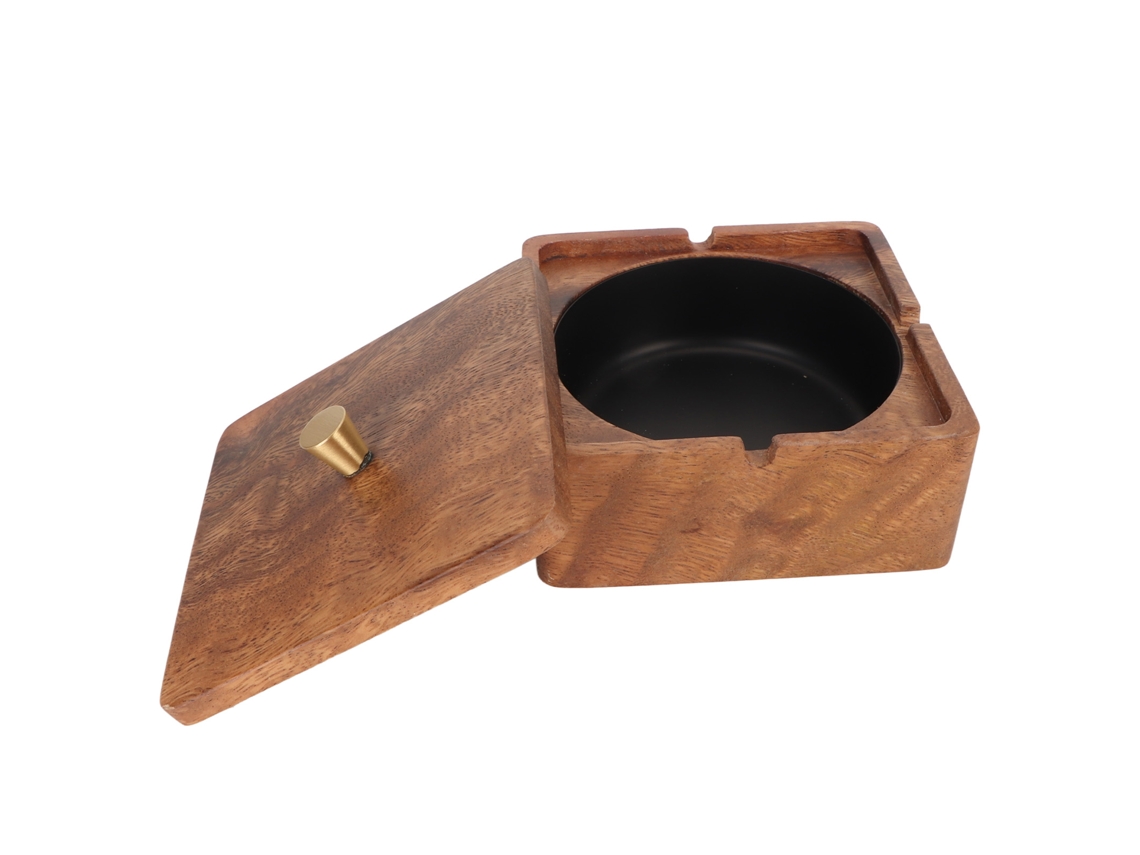 Cenicero De Madera De Nogal Con Tapa Antiviento Decorativo Para Hogar, Oficina Y Exterior Matte Black