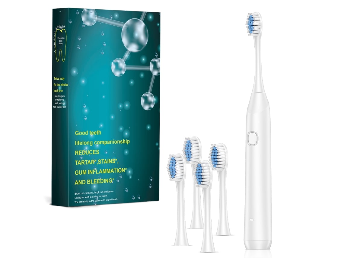 Cepillo de dientes eléctrico para adultos (blanco, con 4 cabezales de repuesto), 6 modos, recargable, potente cepillo de dientes sónico.