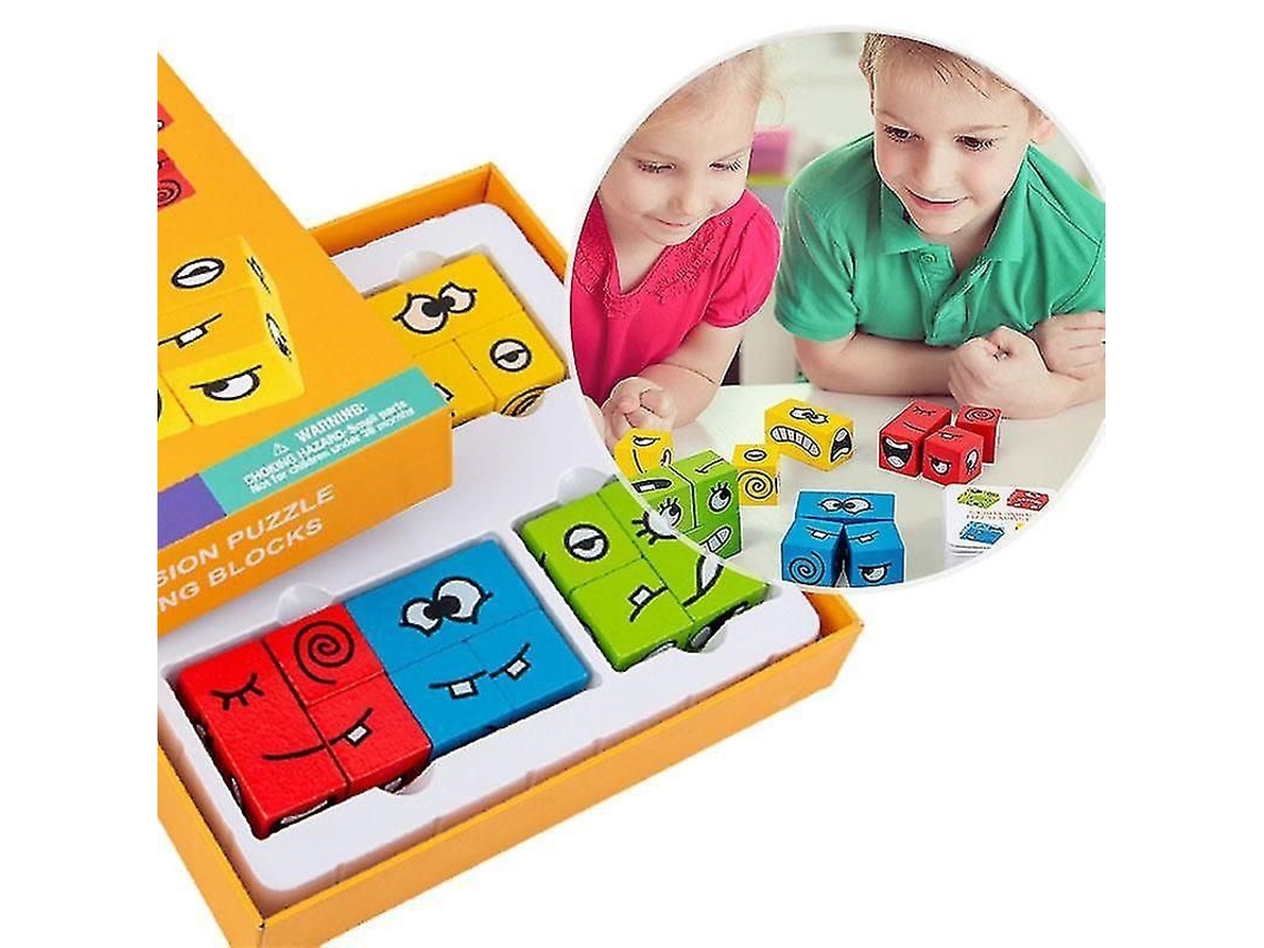Bloques De Construcción De Madera 2025 Con Expresiones Faciales Para Niños Con Tarjetas De Desafío.