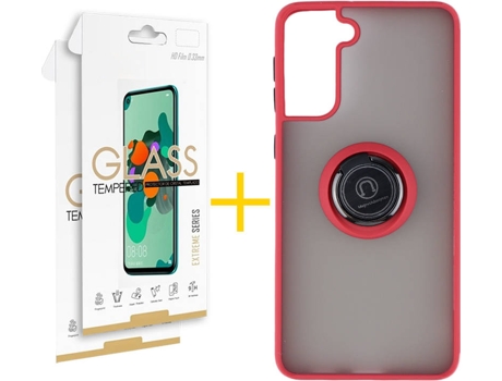 Carcasa y 2 Protectores de Pantalla de Vidrio Samsung S21 Plus SKYHE Gel Bumper Ring Rojo