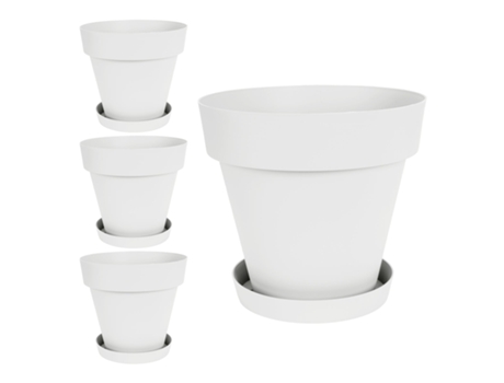 Macetas para Plantas PLASTIKEN Redonda con Platos Incluidos (4 Un - 14L - Blanco - 32 x 32 x 29 cm)
