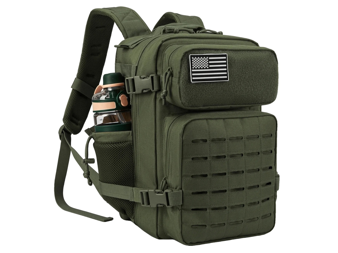 Mochila táctica de 25 l para hombre, construcción duradera, dos portavasos, color verde