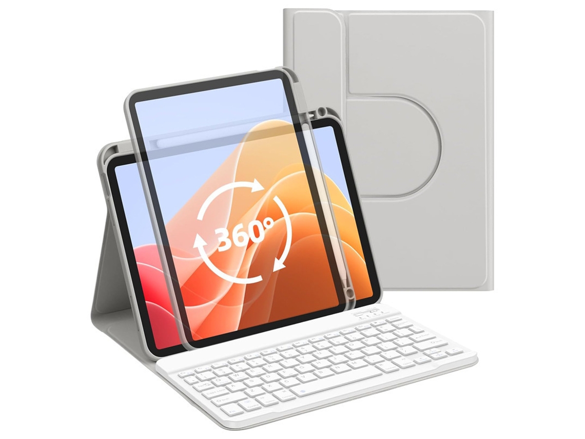 Funda con teclado Bluetooth Fwinl para iPad de 10.ª generación (A16, 2022/2025), teclado y ratón en portugués gris