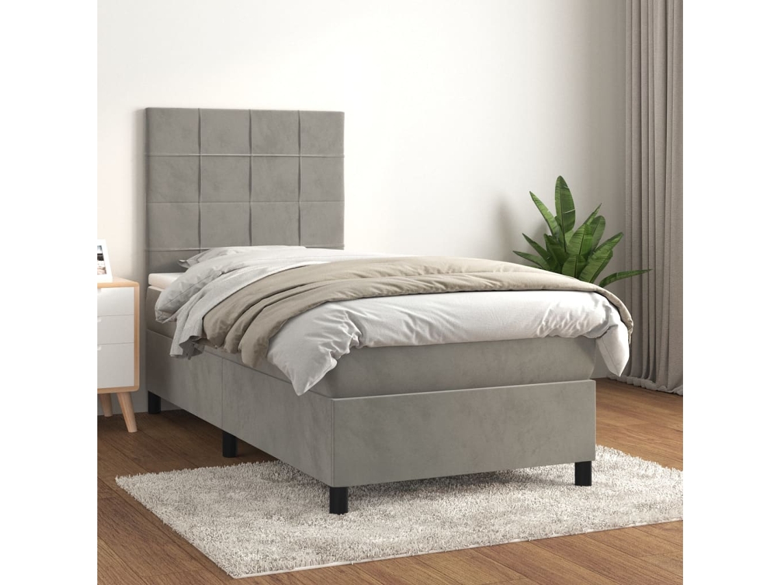 Cama Box Spring Con Colchón Terciopelo Gris Claro 90x190 Cm