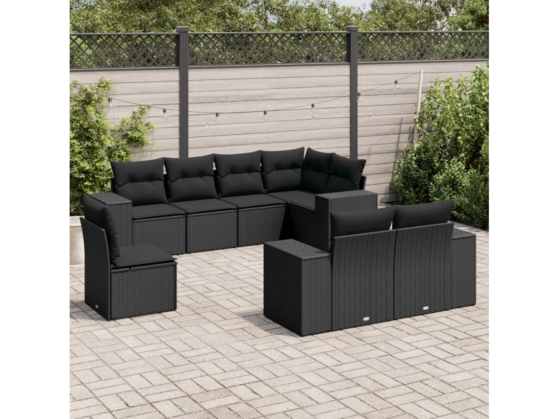 Conjunto de 8 sofás de jardín con cojines de mimbre sintético negro, Dkd Home Decor