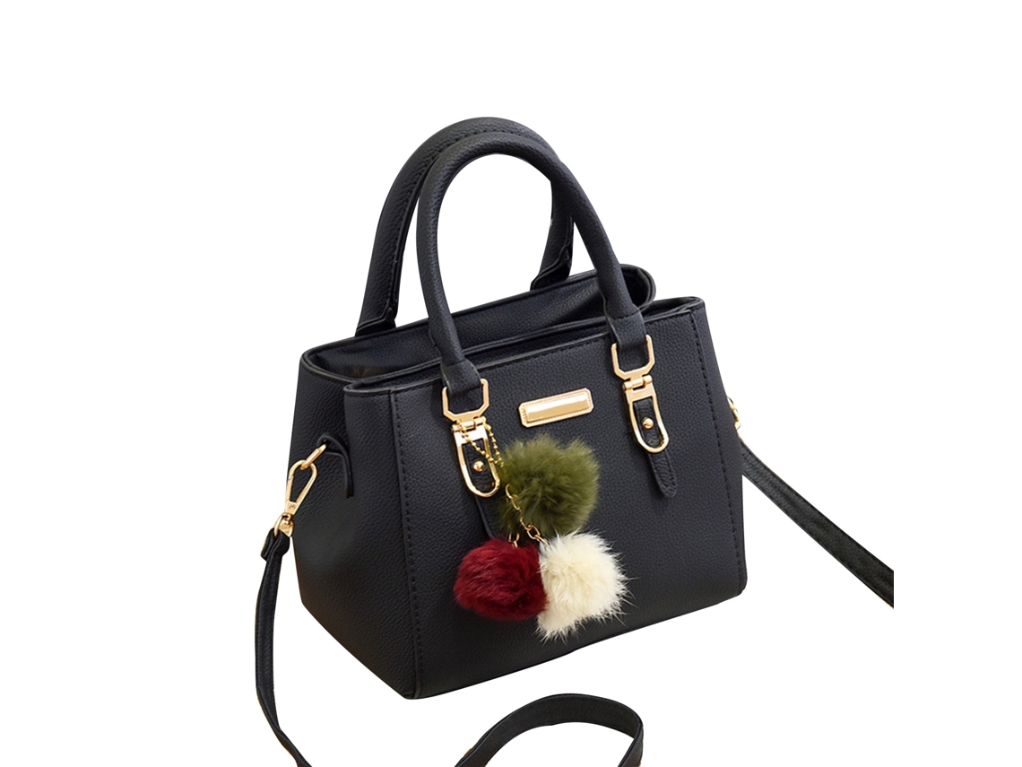 Bolso De Mujer De Pu Con Textura De Lichi, Colgante De Bola De Pelo, Gran Capacidad, Bolso De Hombro/mano, Negro.