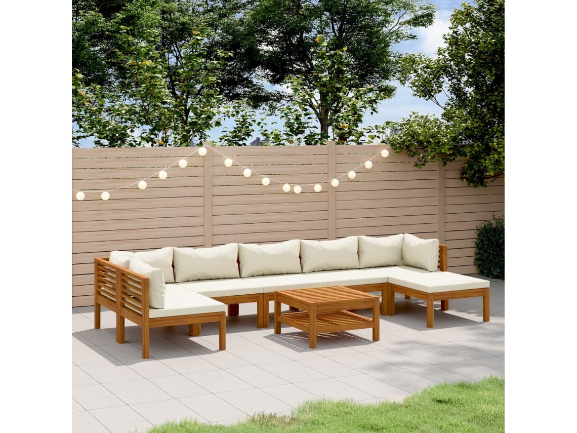 8 Piezas Conjunto Lounge Jardim C/ Almofadões Creme Acácia Maciça Dkd Decoración Del Hogar