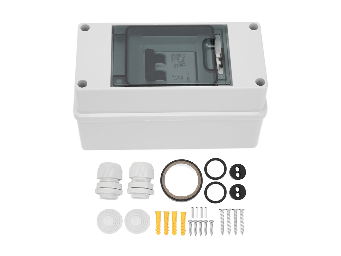 Disyuntor bipolar de 1000 V CC y 6 A con carcasa impermeable IP65 para sistemas solares fotovoltaicos.
