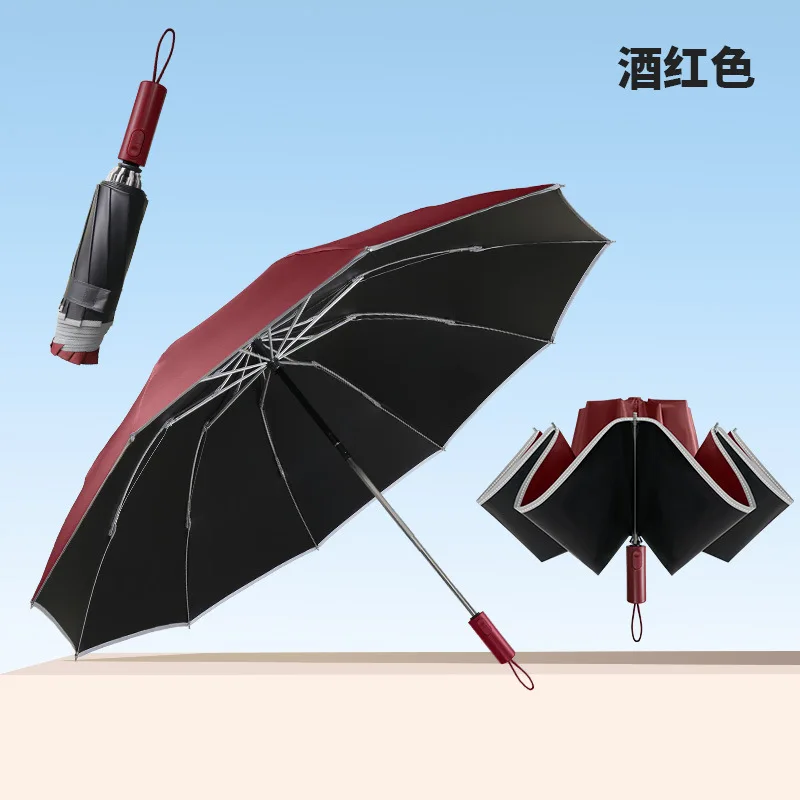 (Rojo 10k) Paraguas automático reversible para coche, parasol con superficie de vinilo resistente al viento