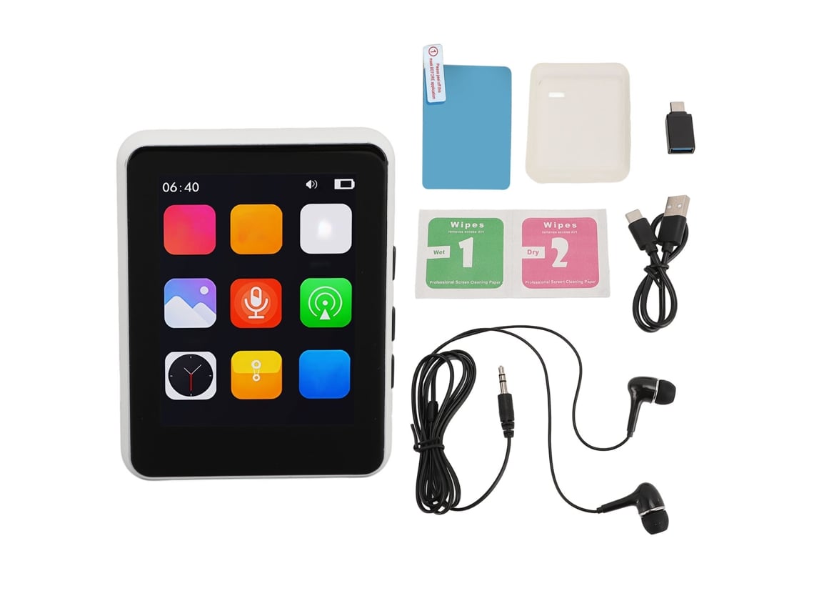 Mp3 Player Con Altavoz Auriculares 64 Gb 2,4 Pulg. Pantalla Táctil Hifi Fm Portátil Recepción Grabación De Voz Ebook Blanco