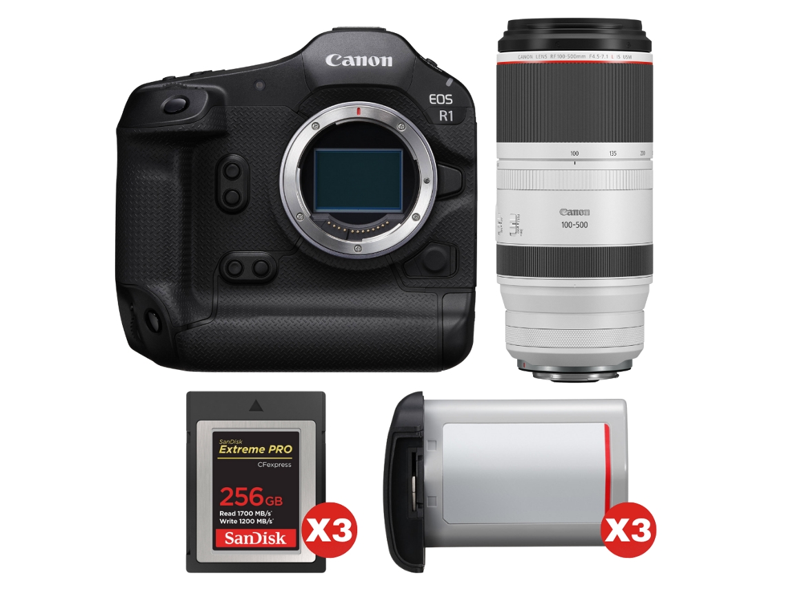 EOS R1 + RF 100 500mm F/4.5 7.1 L IS USM + 3 Sandisk 256GB Extreme Pro Cfexpress Tipo B + 3 Canon LP E19 + Libro electrónico Pricedirect CANON