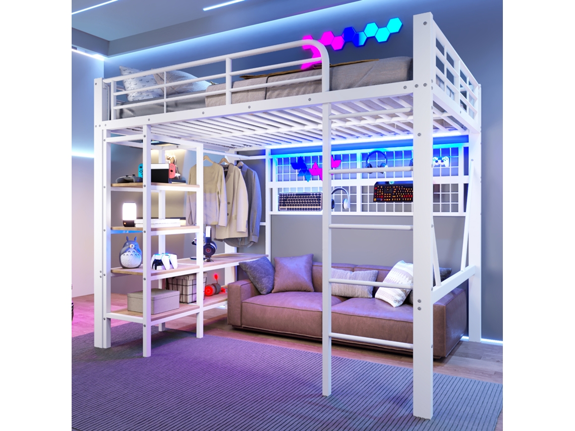 Cama Alta, 140x200 Cm, Estructura De Hierro, Compartimento De Almacenaje, Red Para Colgar Ropa, Con Barra Para Colgar Ropa.