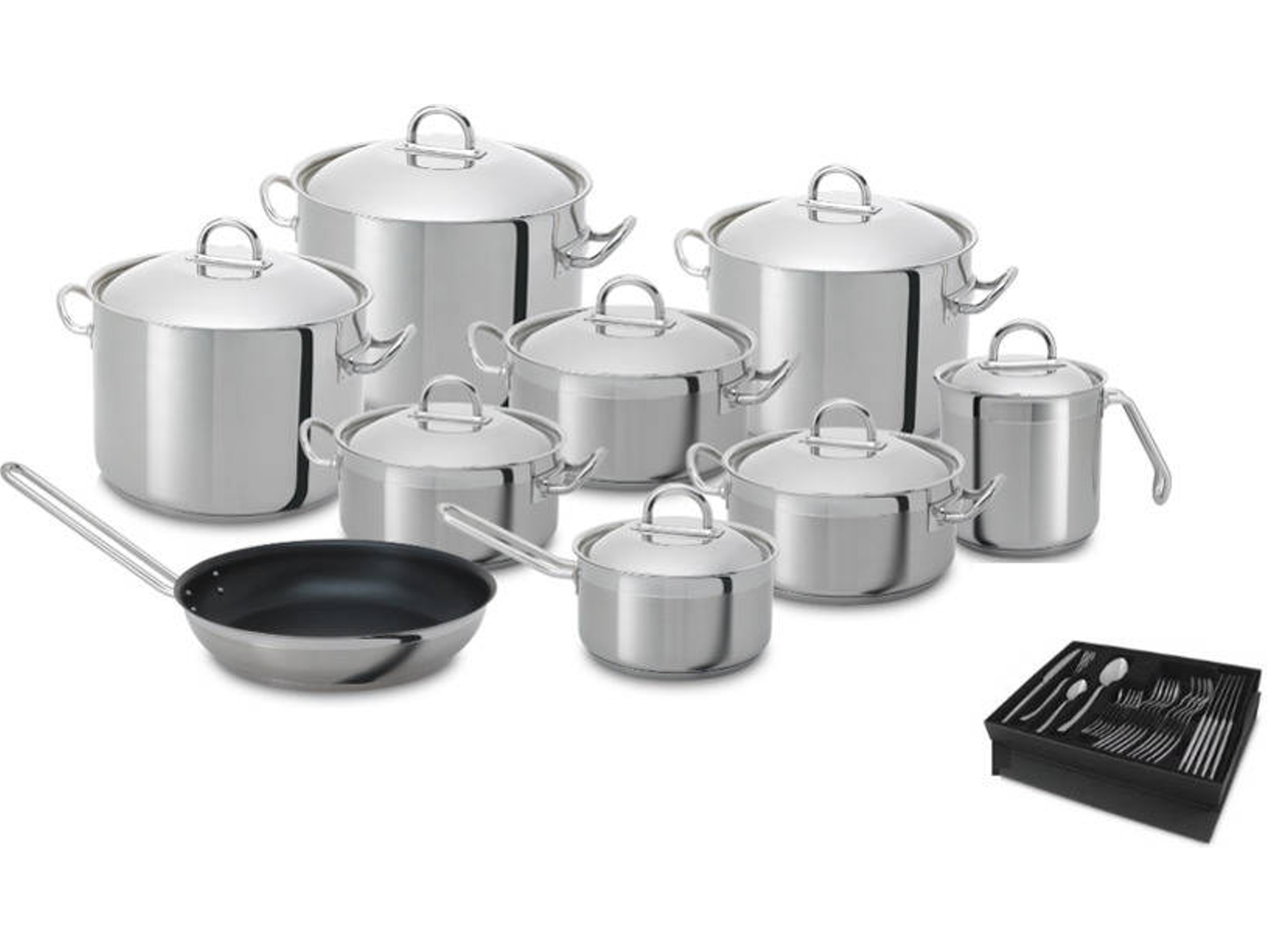 Conjunto Ollas SILAMPOS Nautilus Inox (10 Piezas + Cubiertos de 24 Piezas)