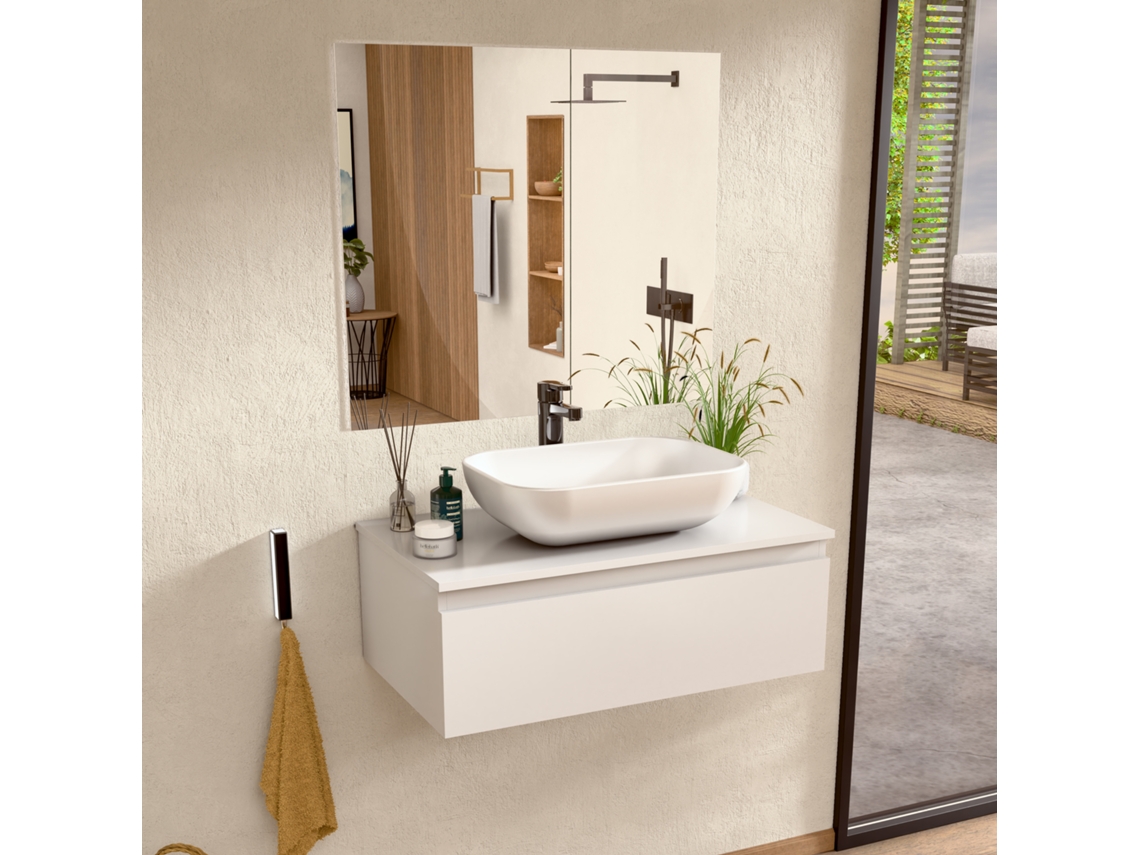 Mueble de baño suspendido con lavabo de cerámica y espejo, mueble con 1 cajón, 80 x 27 x 45 cm, Bellobath White Cabinet
