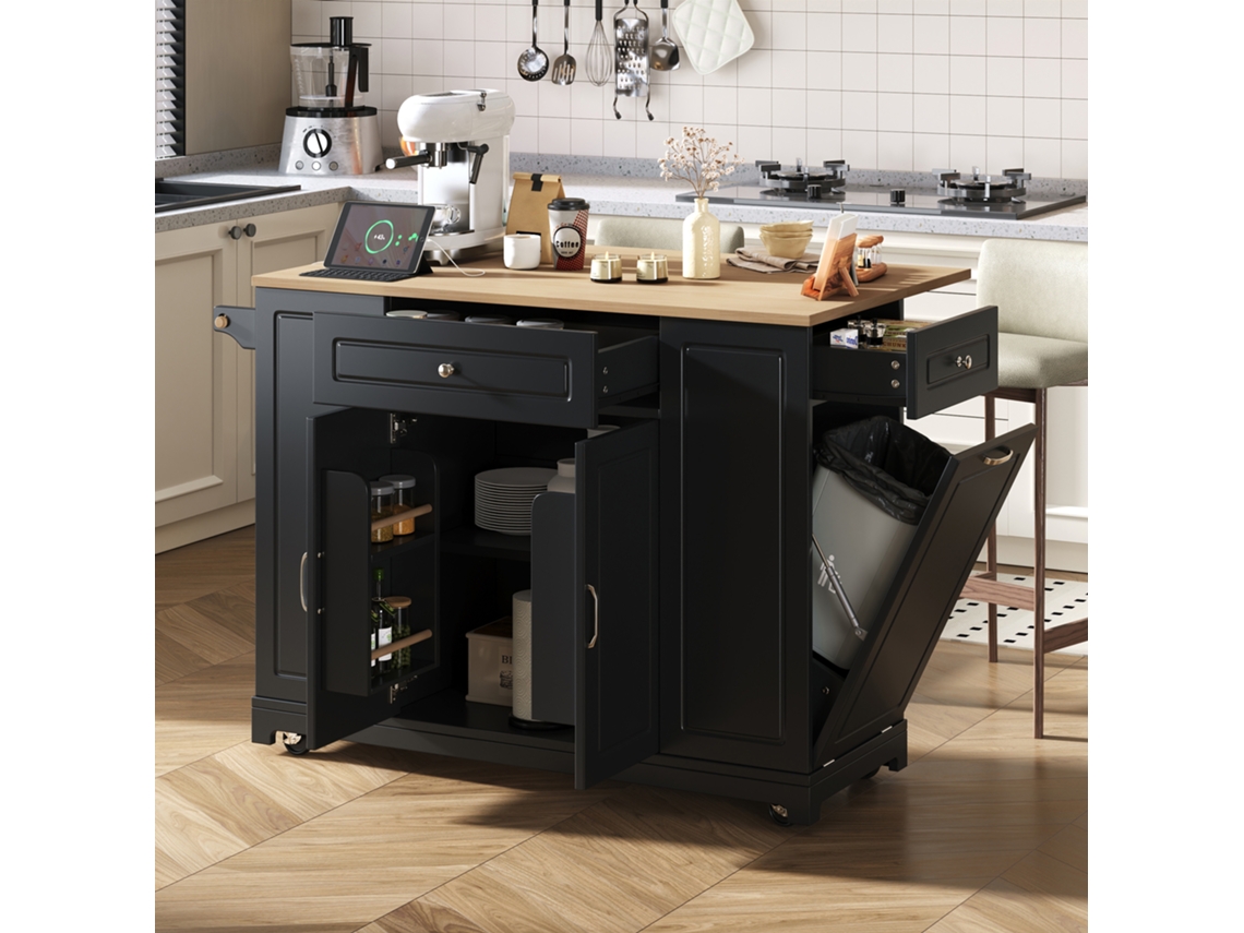 Isla De Cocina Con Ruedas, Cajones Extensibles Y Compartimento Para La Basura - Color Negro.