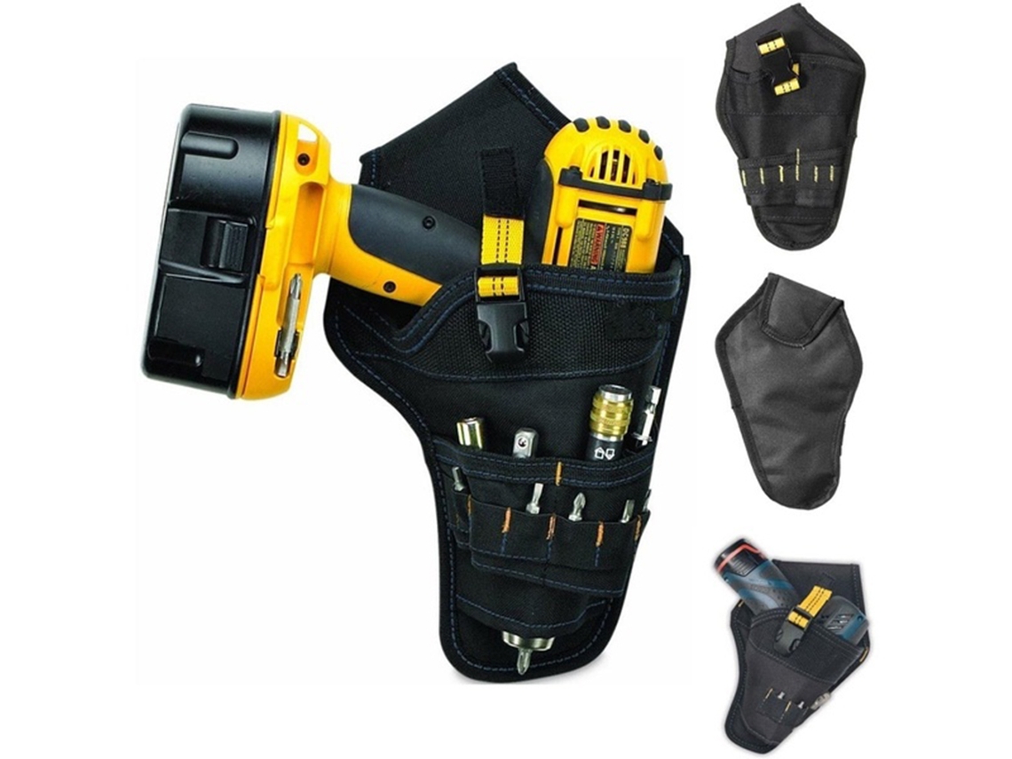 Maletín para taladro fabricado en tejido Oxford 900d resistente, con cinturón y bolsillos para guardar herramientas.
